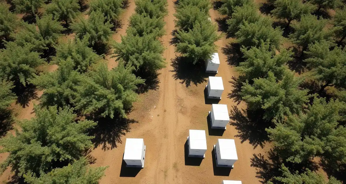 Optimal hive placement strategy for commercial pollination operations Aerial view of strategically placed beehive clusters in an almond orchard showing optimal hive placement mapping for maximum pollination coverage.