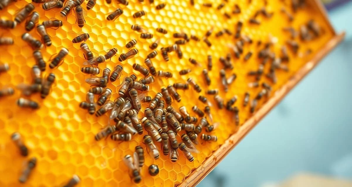 Multi-factor hive quality assessment for pollination contracts Honeycomb frame displaying healthy brood pattern and bee population used for hive quality scoring in commercial pollination operations.