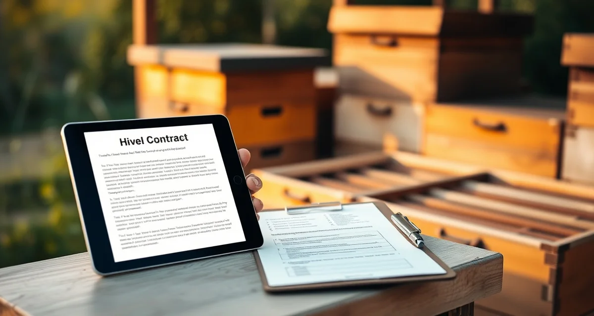 Modern hive rental contract management solution for migratory beekeepers Digital hive rental agreement management system displayed on tablet with beekeeping contract documentation and apiary logistics tools