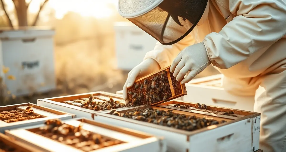 Hive splitting best practices for pollination inventory growth Commercial beekeeper performing hive split technique to prepare colonies for pollination season, showing proper equipment and hive management.