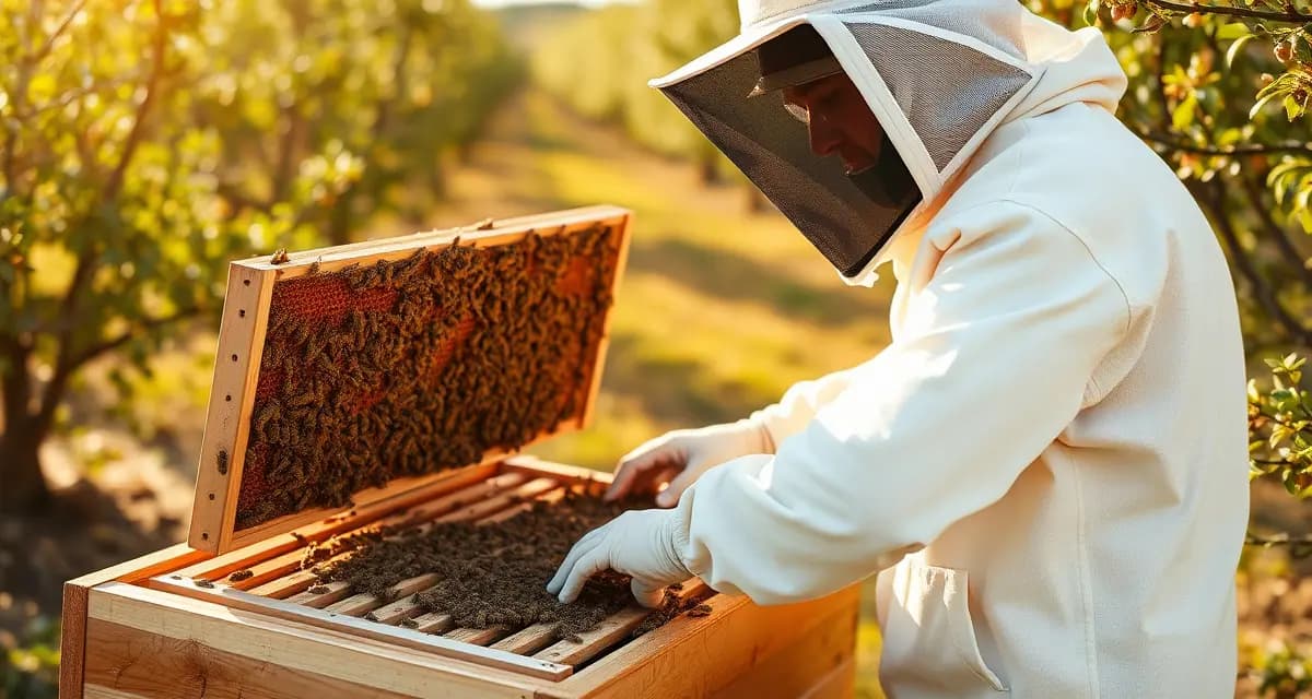 Pre-move hive strength evaluation process Beekeeper inspecting beehive frame for strength compliance assessment in almond pollination operations
