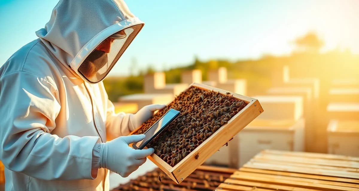 Pre-move hive strength assessment process Beekeeper assessing hive strength using tablet for pollination contract documentation and inspection