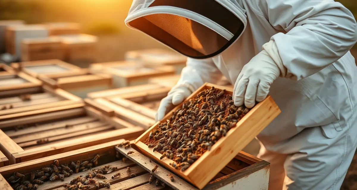 Pre-move hive strength inspection technique Beekeeper inspecting hive frame to assess strength before moving colony for pollination contract work.