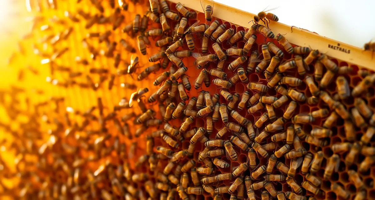 Measuring hive strength in commercial pollination operations Densely populated honeycomb frame showing strong hive strength with full bee coverage and visible brood patterns for commercial pollination contracts.