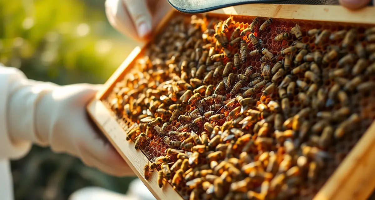 Evaluating hive strength for pollination contracts Beekeeper inspecting a frame of bees to assess hive strength and contract compliance requirements