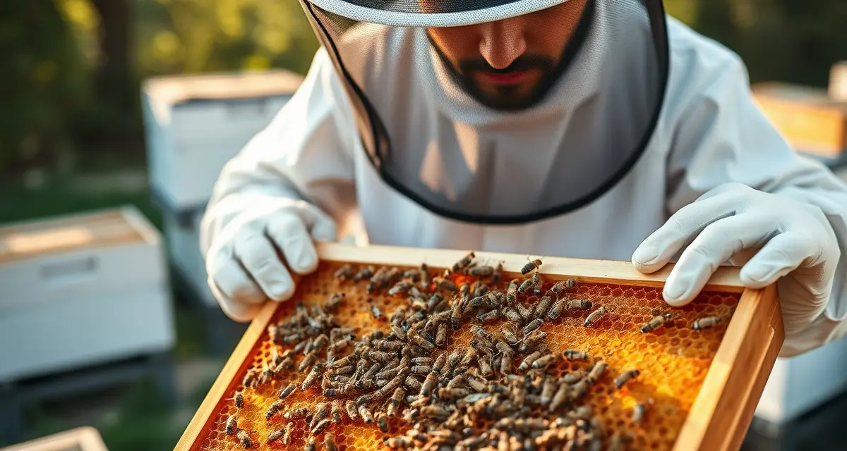 Standardized hive assessment inspection protocol Commercial beekeeper using hive strength scoring system to assess brood pattern and bee frames on inspection