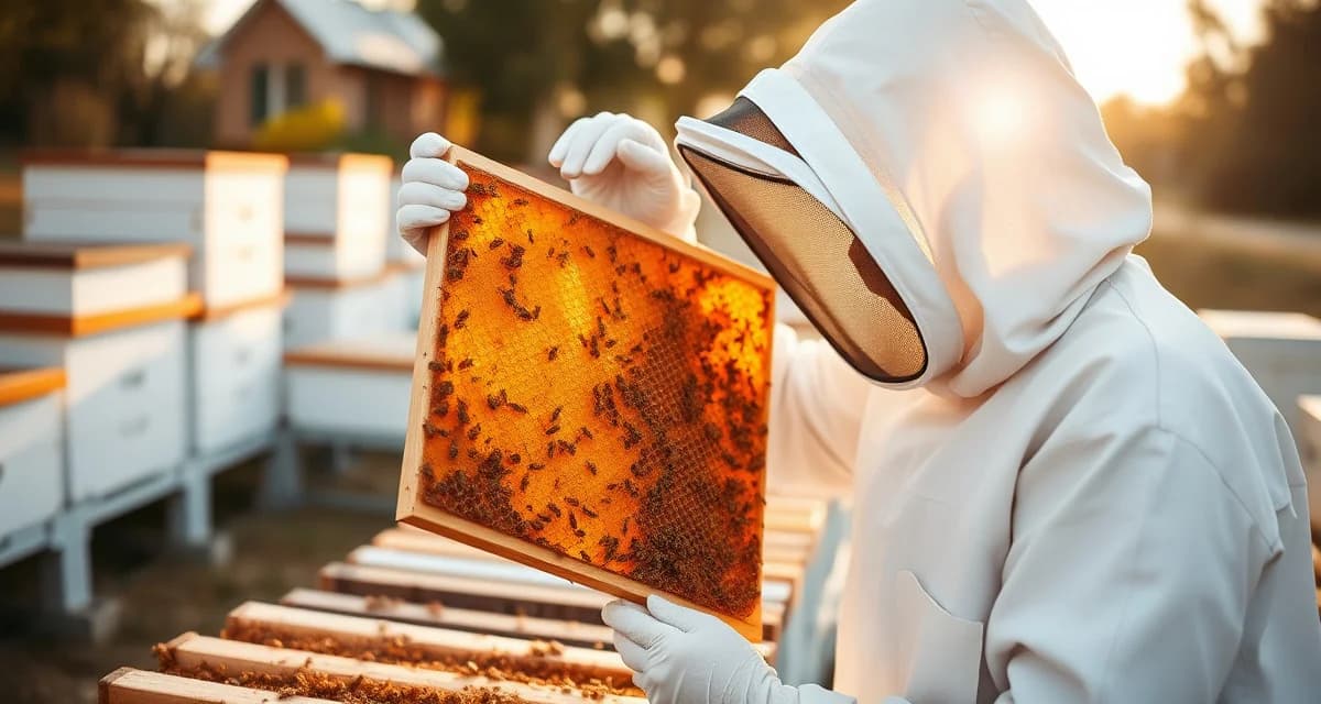 Professional hive inspection for pollination operations Beekeeper inspecting honeycomb frame to assess hive strength and colony health for pollination contracts.