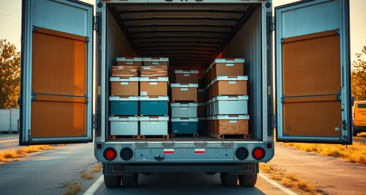 Interstate hive transport compliance and logistics Commercial bee transport truck loaded with stacked hive boxes showing proper compliance and logistics for interstate beekeeping operations.