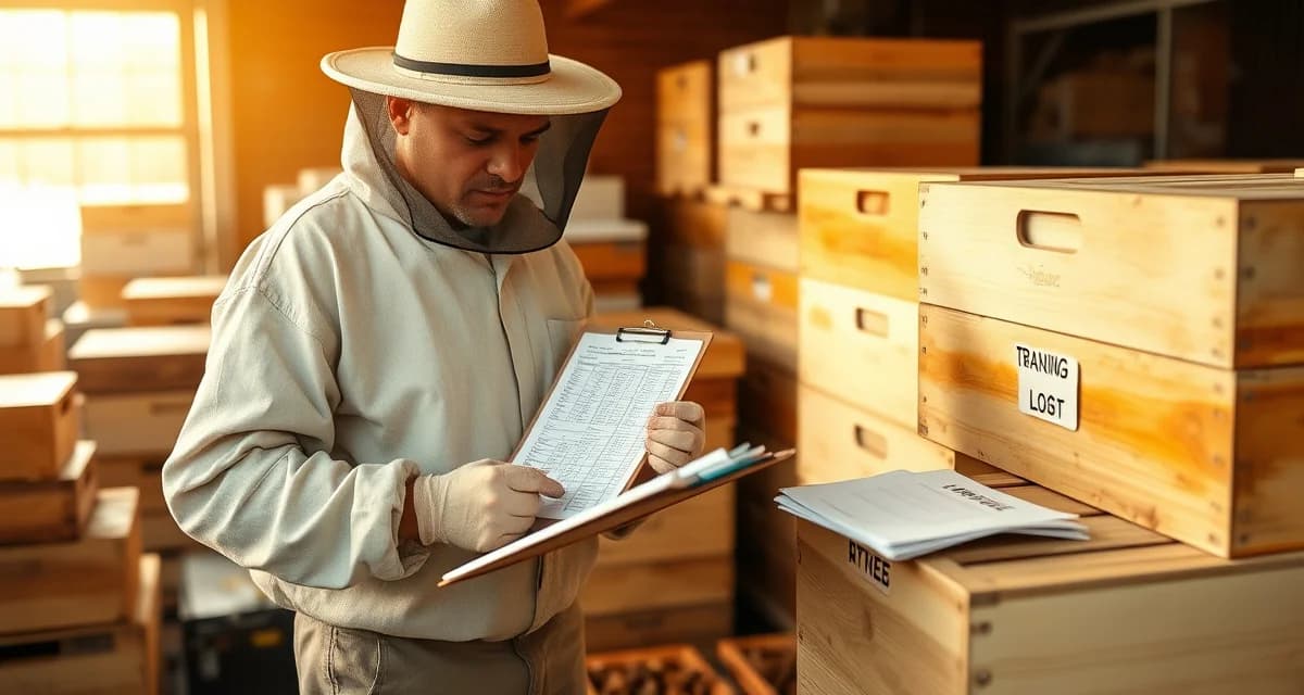 Transport documentation for migratory beekeeping operations Commercial beekeeper reviewing hive transportation logs and GPS verification records for interstate compliance and state inspection requirements
