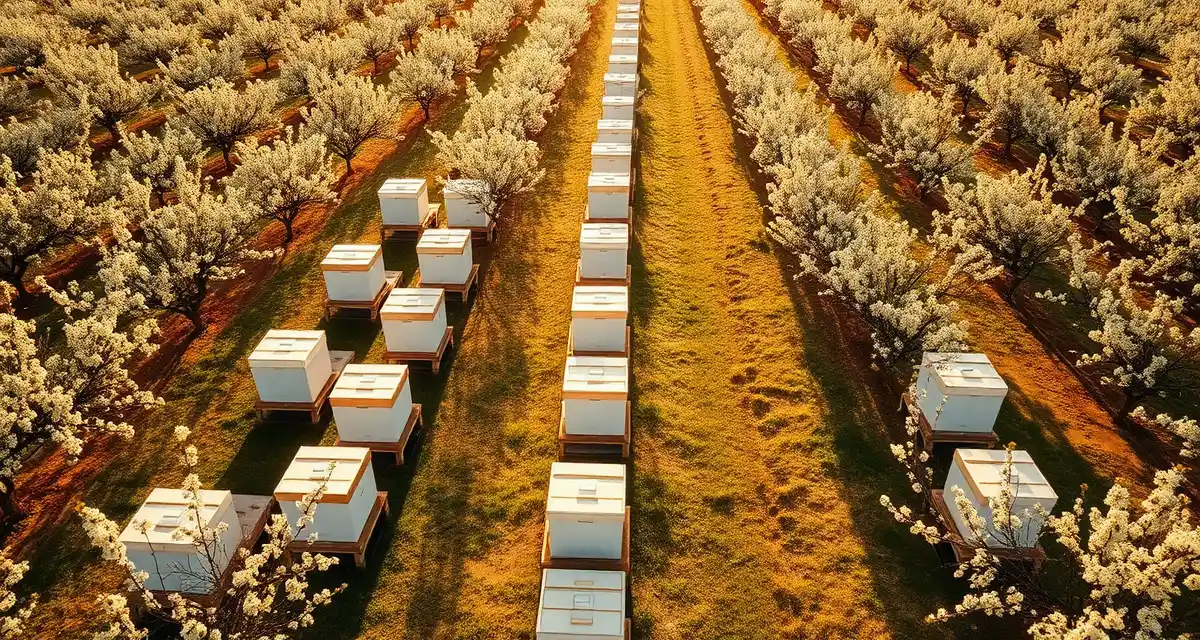 Hive density optimization for pollination contracts Strategic hive placement showing optimal hive density per acre for commercial pollination operations across almond and blueberry crops.