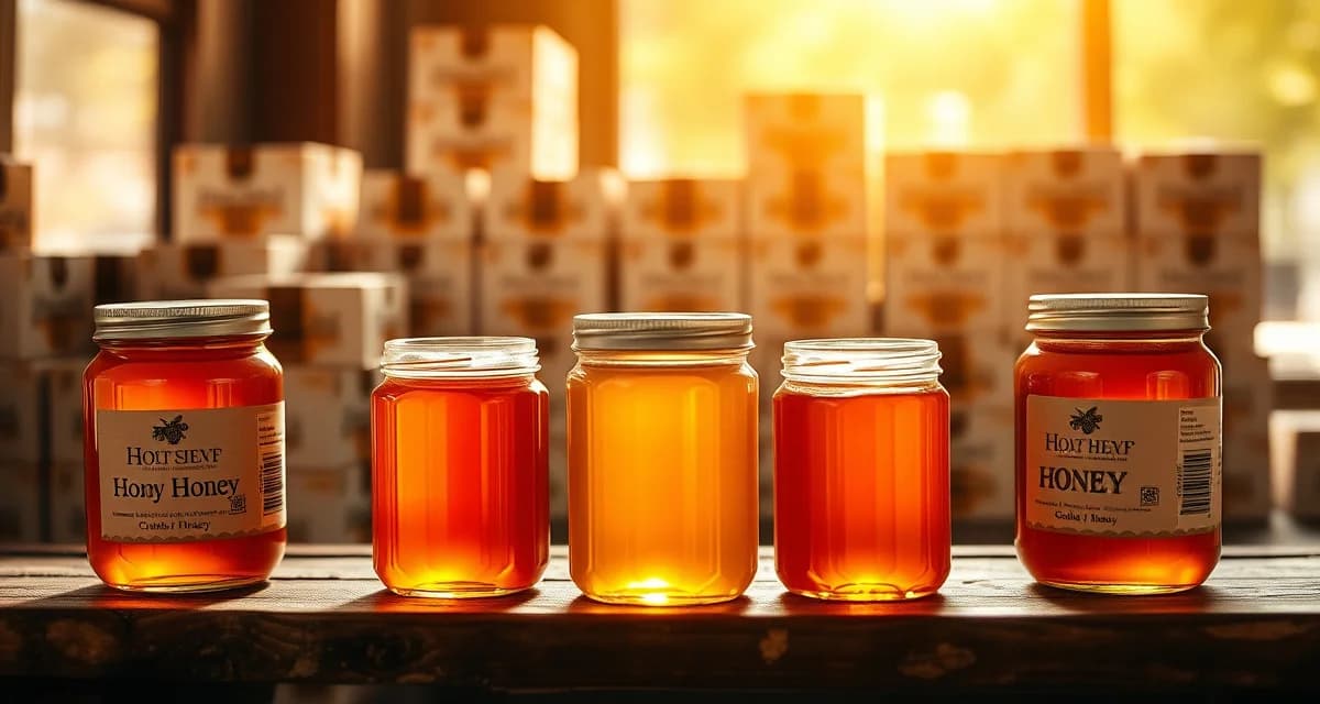 Packaged honey products for wholesale and retail distribution Golden honey in retail packaging jars and boxes for commercial beekeeping honey distribution operations