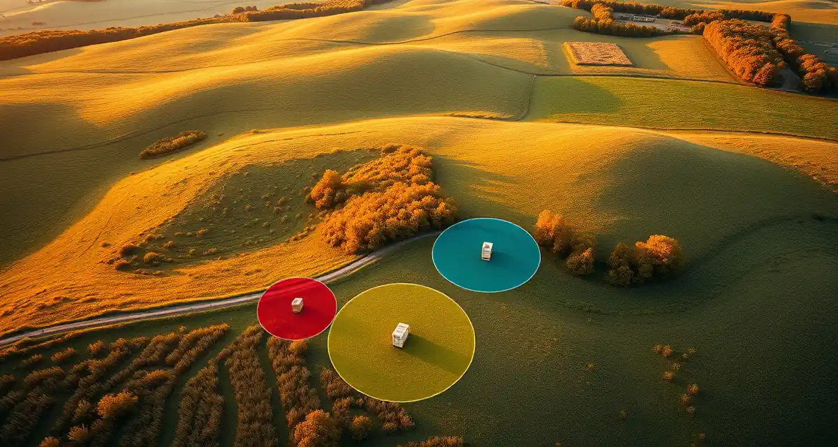 Foraging range mapping visualization for commercial pollination operations Aerial map showing honeybee foraging range circles around multiple apiaries with overlapping zones highlighted to prevent hive competition.