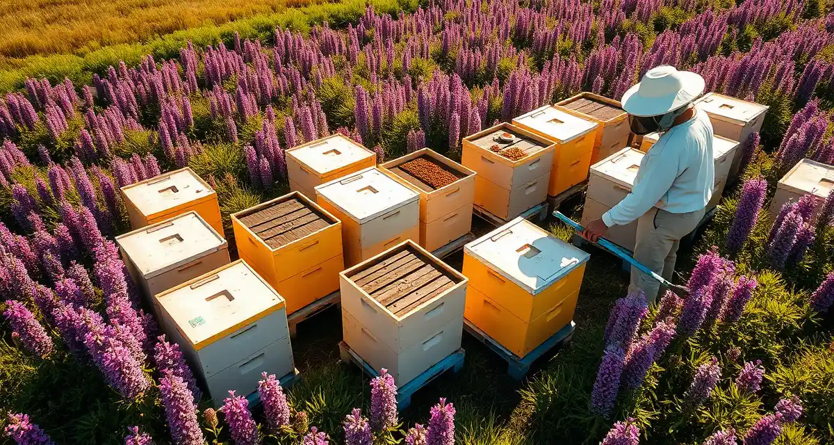 Alfalfa Seed Pollination Hive Placement Commercial beehives positioned in Idaho alfalfa field for seed pollination with high hive density requirements during summer bloom