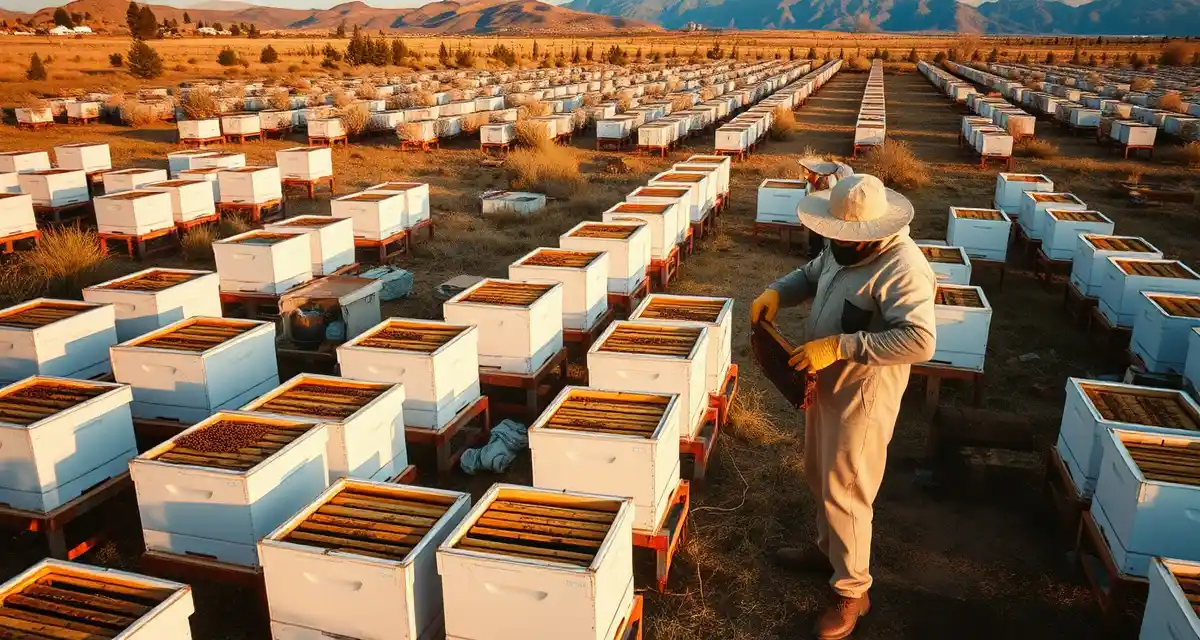 Idaho apiary compliance and registration requirements Commercial beekeeping operation in Idaho showing organized apiary with multiple hive boxes and beekeeper conducting inspection