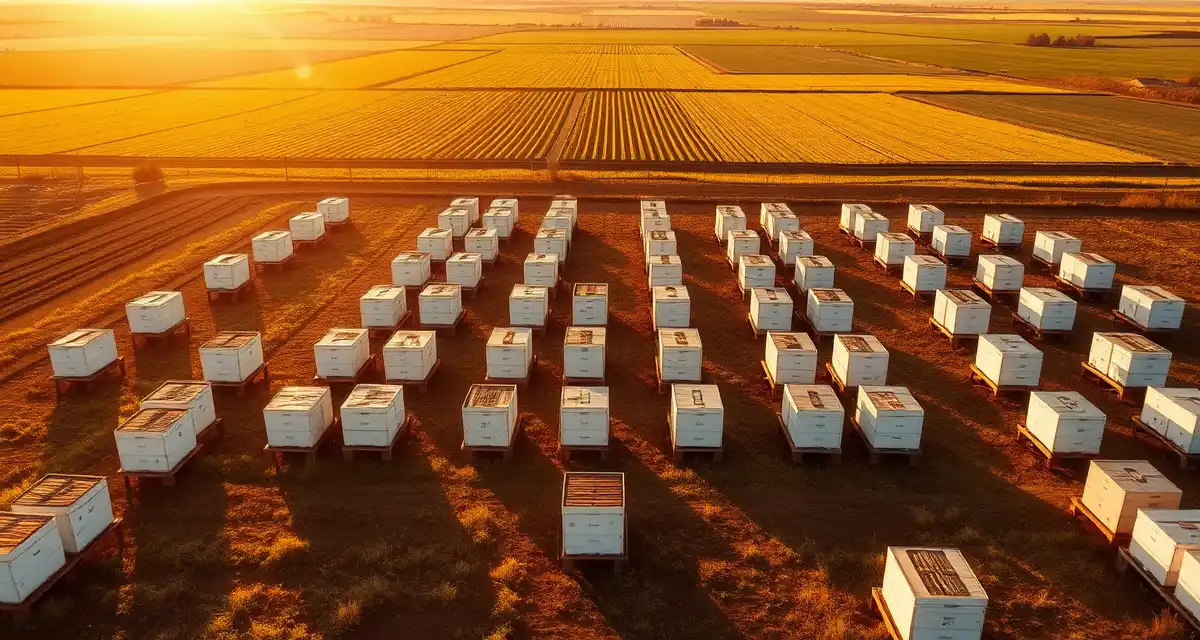 Professional beekeeping operation in Idaho's Treasure Valley region Commercial beehives arranged in Idaho seed crop pollination apiary with Treasure Valley farmland visible in background