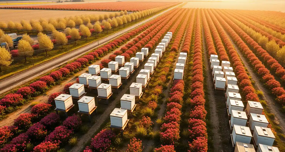 Idaho pollination operations and bee logistics management Commercial beehives positioned in Idaho red clover seed fields during spring pollination season with orchards visible in background