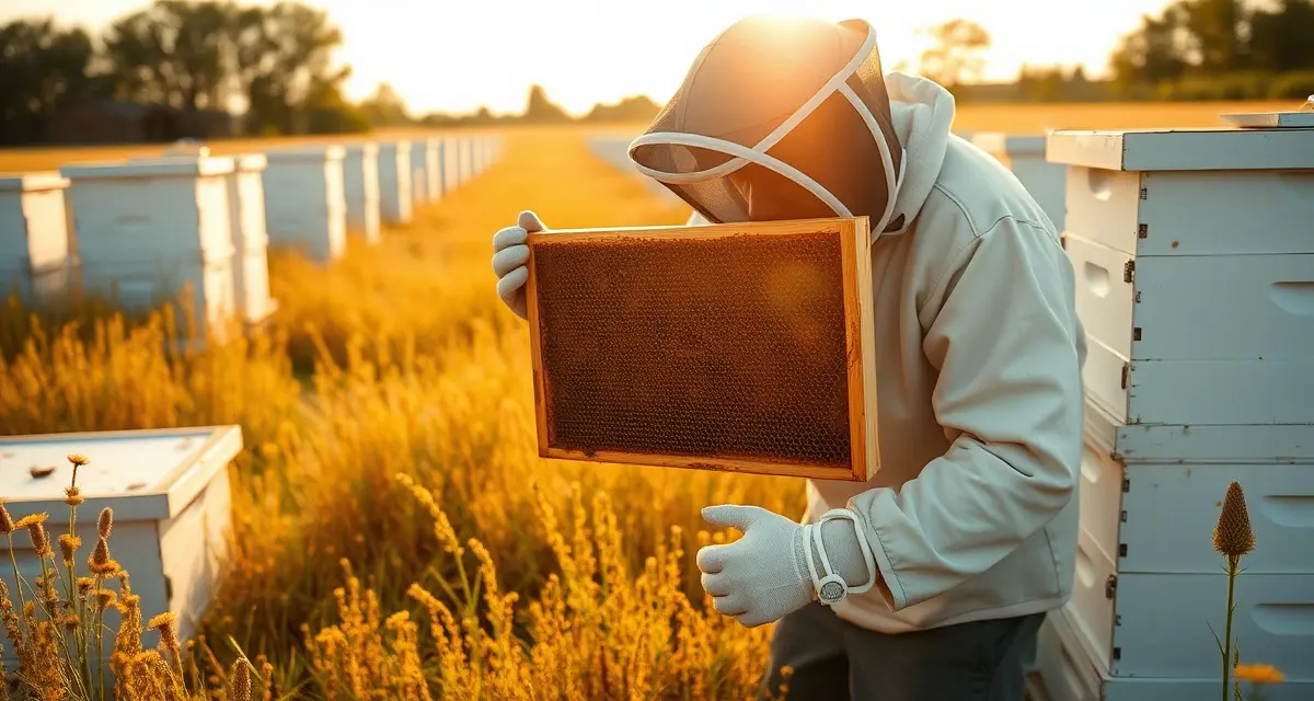 Large-scale honey production in Illinois Commercial beekeeper inspecting honey frame in Illinois apiary with multiple hive boxes in wildflower field