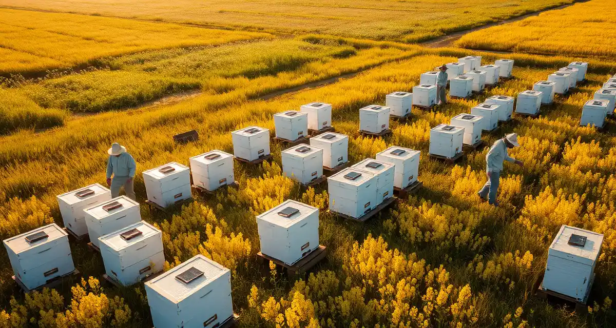 Illinois apiary operation in peak honey production Commercial beehives in Illinois clover and wildflower fields during honey production season with prairie landscape
