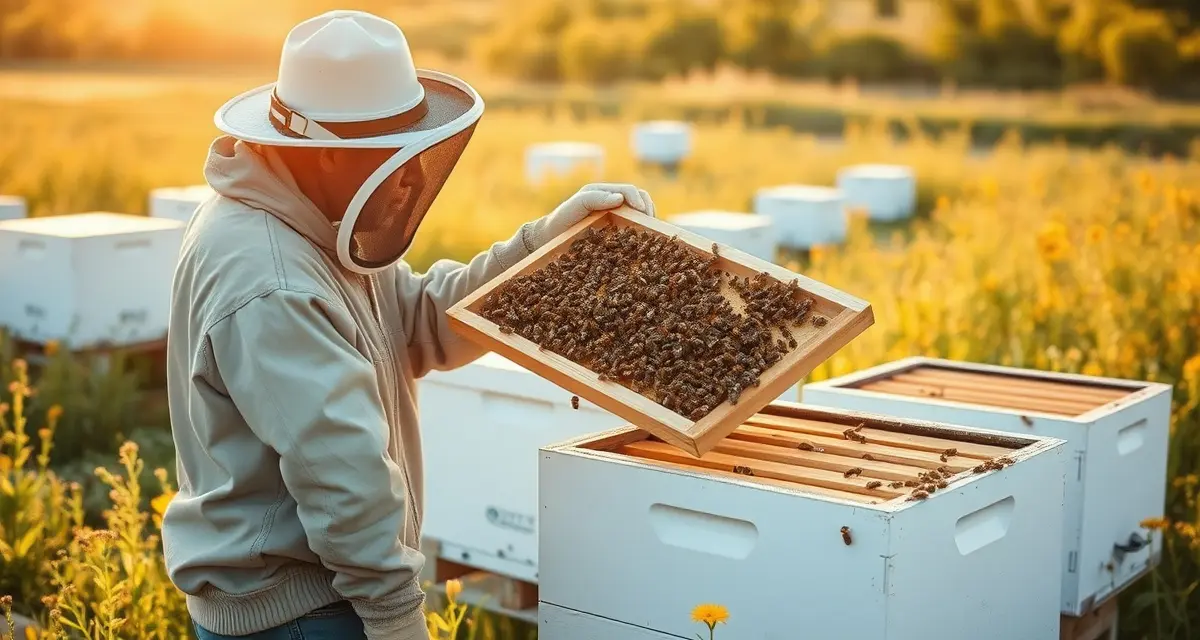 Indiana commercial beekeeping inspection and apiary management Commercial beekeeper inspecting honeybee frame in Indiana apiary with multiple hives and wildflower forage visible