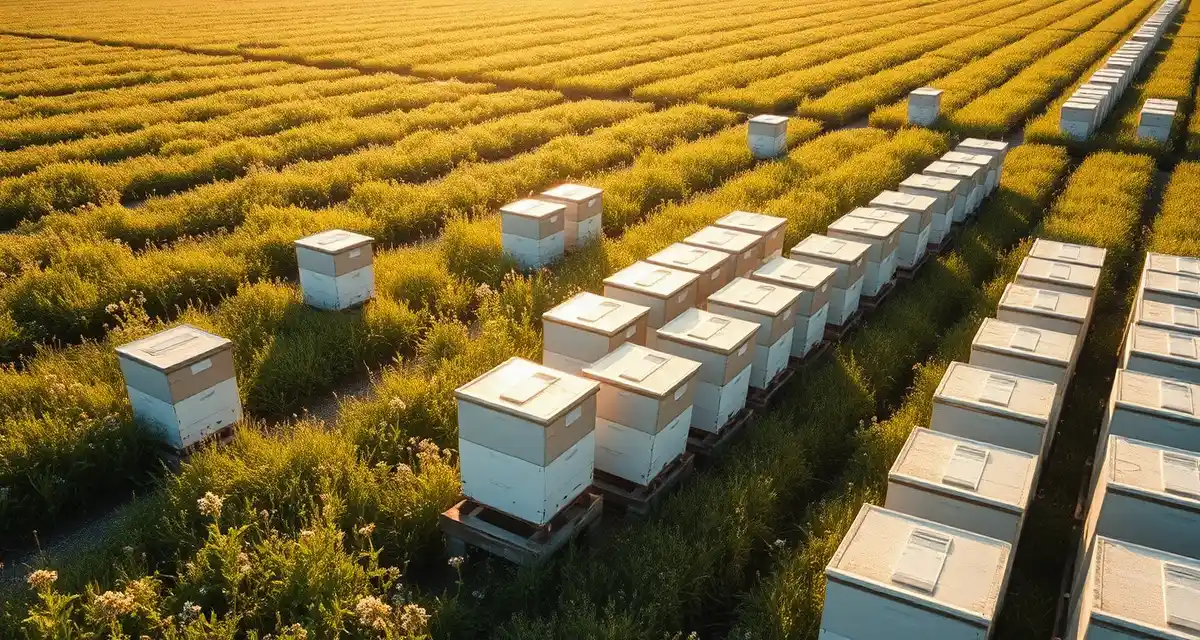 Indiana commercial apiary operation regulations and hive management Commercial beehives arranged in Indiana apiary operation showing proper hive spacing and registration compliance for commercial beekeeping regulations.