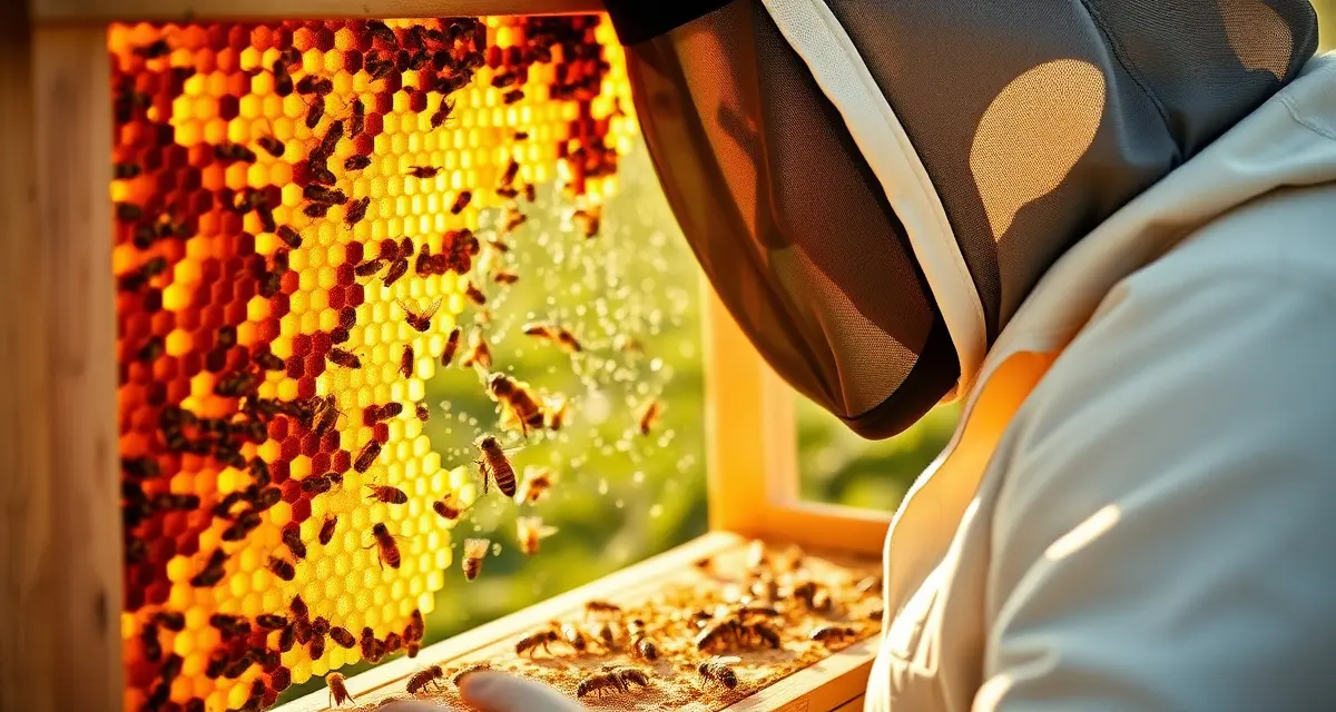 Indiana honey production and commercial beekeeping practices Beekeeper inspecting honeycomb frame with golden honey in Indiana commercial apiary operation