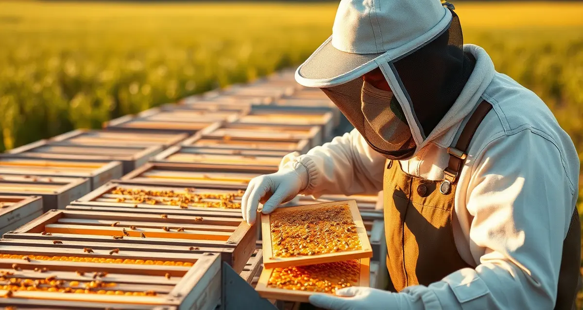 Iowa commercial beekeeping operations and apiary regulations Commercial beekeeper inspecting honey frames in Iowa apiary with multiple hive boxes during summer production season