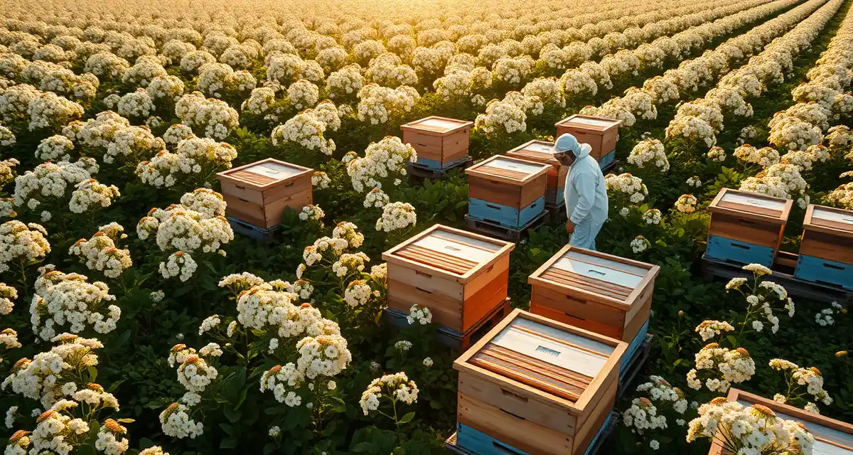 Iowa Clover Honey Production Setup Commercial beekeeping operation in Iowa clover field with multiple bee hives and white clover blooms