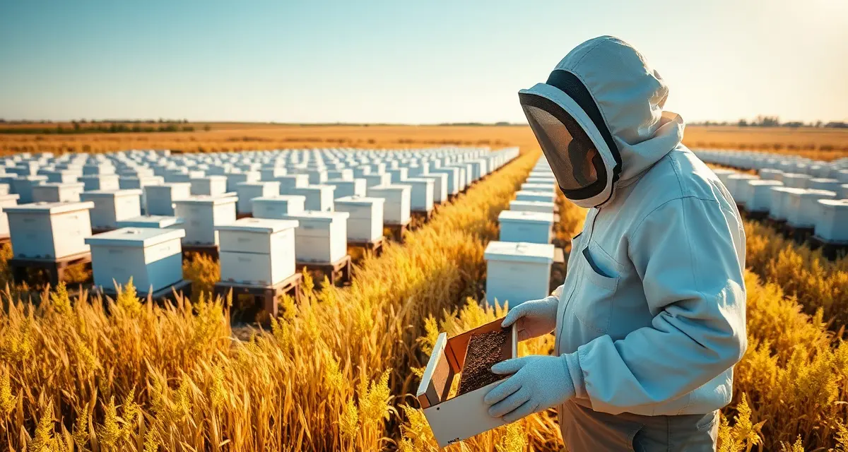 Kansas commercial apiary inspection and hive management Commercial beekeeper inspecting hive frames in Kansas apiary with multiple bee boxes and alfalfa field in background