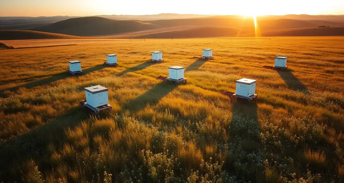 Tallgrass prairie beekeeping landscape Kansas commercial beekeeping operation with white hive boxes positioned in tallgrass prairie wildflower meadow during honey production season
