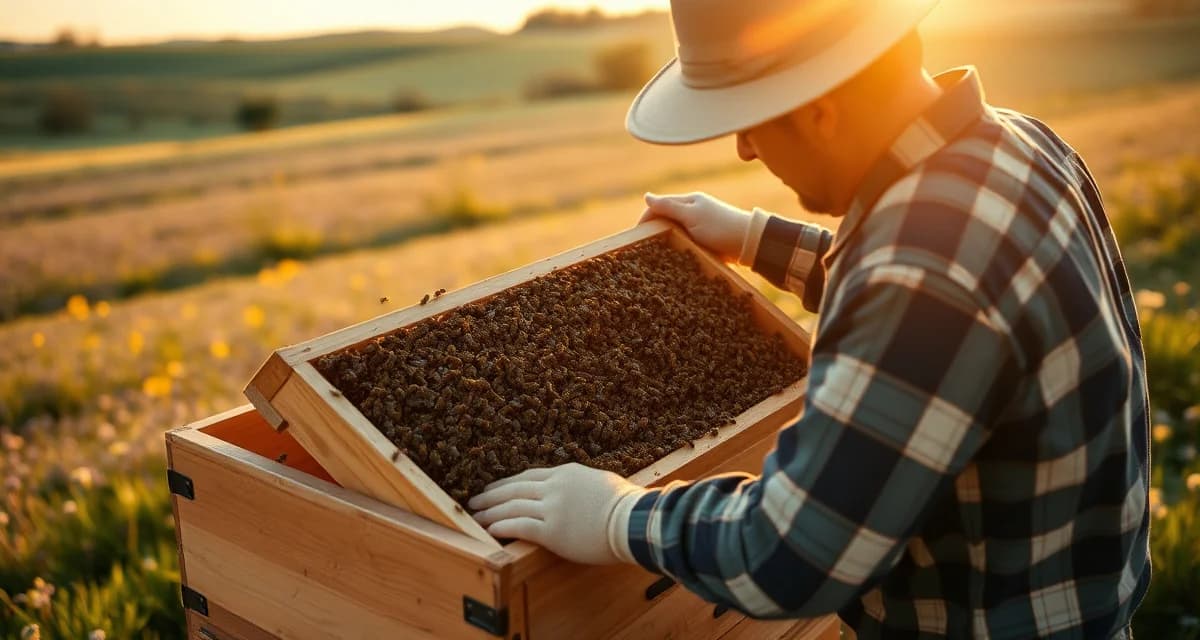 Kentucky commercial beekeeping inspection and hive management Commercial beekeeper inspecting beehive frames in Kentucky apiary with wildflower forage fields in background
