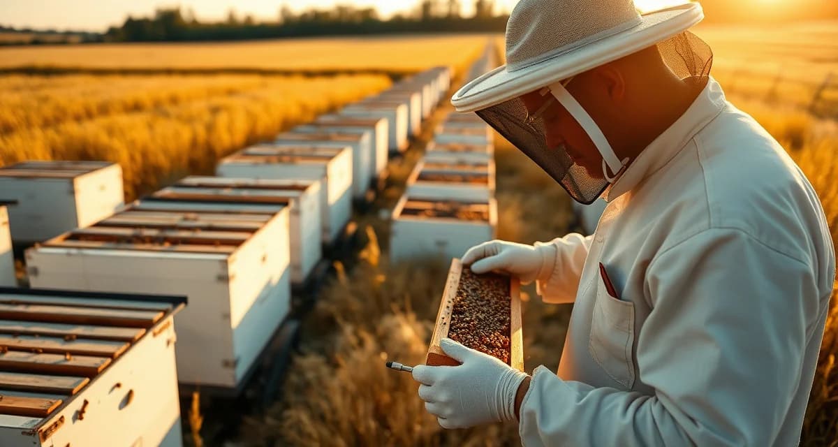 Kentucky apiary regulations and commercial beekeeping operations Commercial beekeeper inspecting honeycomb frames in a Kentucky apiary with multiple white hive boxes during regulated beekeeping operations.