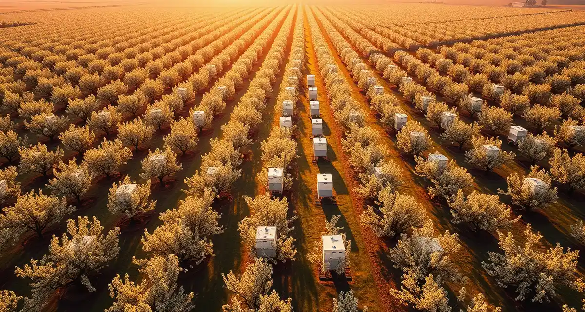 Commercial almond pollination in Kern County San Joaquin Valley Aerial view of blooming almond orchards in Kern County with commercial honeybee hives positioned for pollination services during peak bloom season.