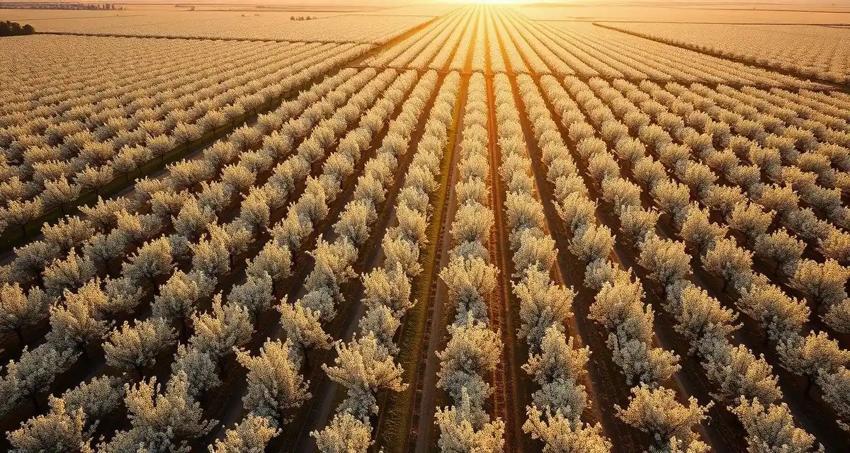 Kern County almond orchard pollination logistics Aerial view of blooming almond orchards in Kern County with positioned bee hives during peak pollination season and early spring bloom