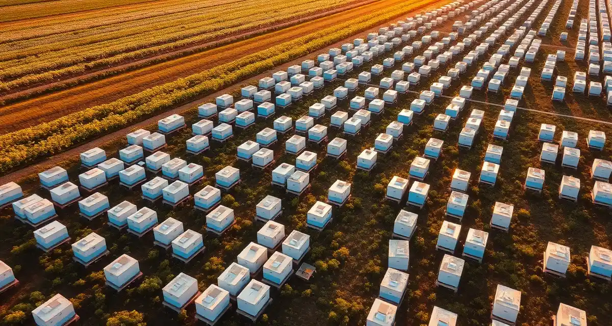 Industrial bee yard managing 2000+ hives for commercial pollination contracts Aerial view of large-scale commercial pollination operation with thousands of organized beehive boxes in agricultural field