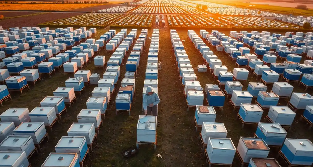 Large-scale apiaries managed with PollenOps logistics software Aerial view of large commercial beekeeping operation with organized hive rows managed by professional pollinators.