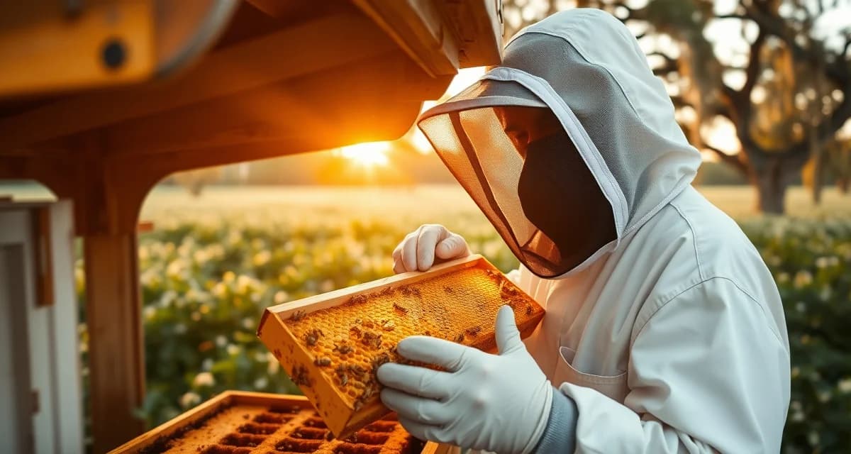 Louisiana commercial beekeeping inspection Commercial beekeeper inspecting honeycomb frame in Louisiana apiary with clover fields and trees in background