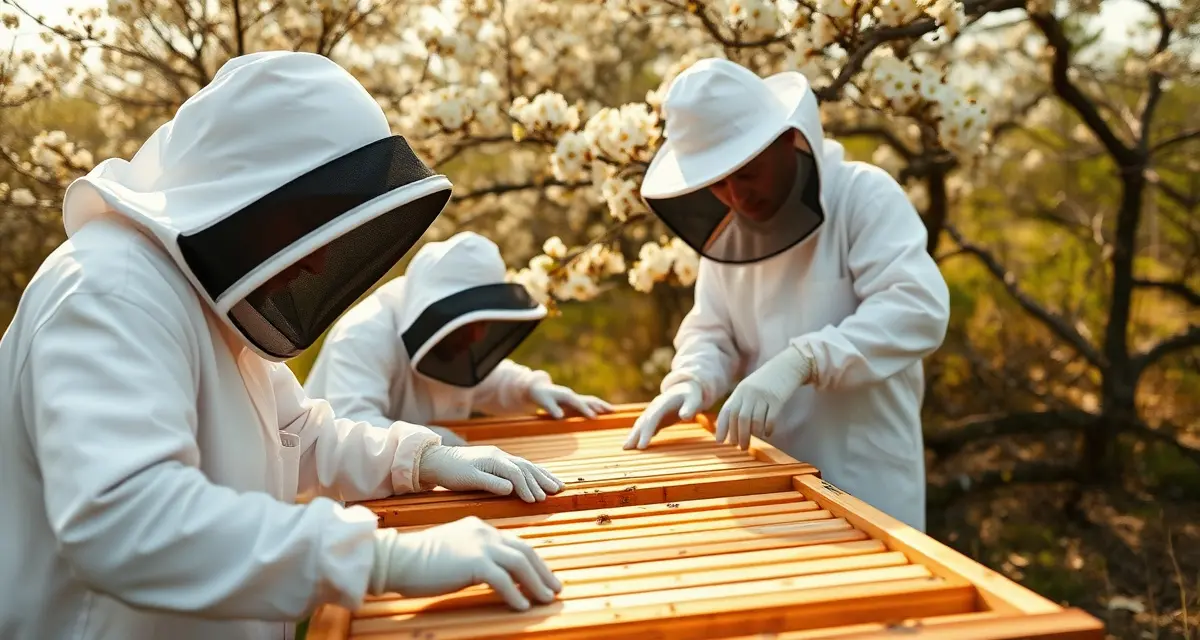 Louisiana apiary inspection and registration requirements Commercial beekeepers inspecting hive frames in Louisiana apiary during spring honey season with regulatory compliance documentation