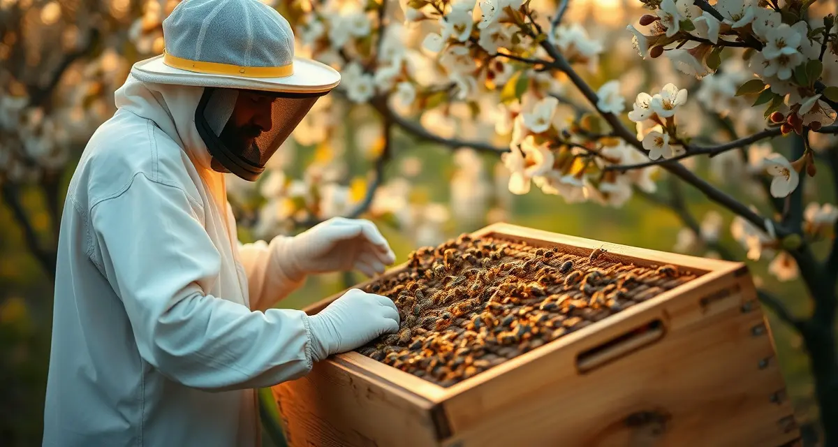 Apple orchard pollination with managed honeybees Beekeeper inspecting honeybee colony in Maine apple orchard during commercial pollination season with blossoming trees in background