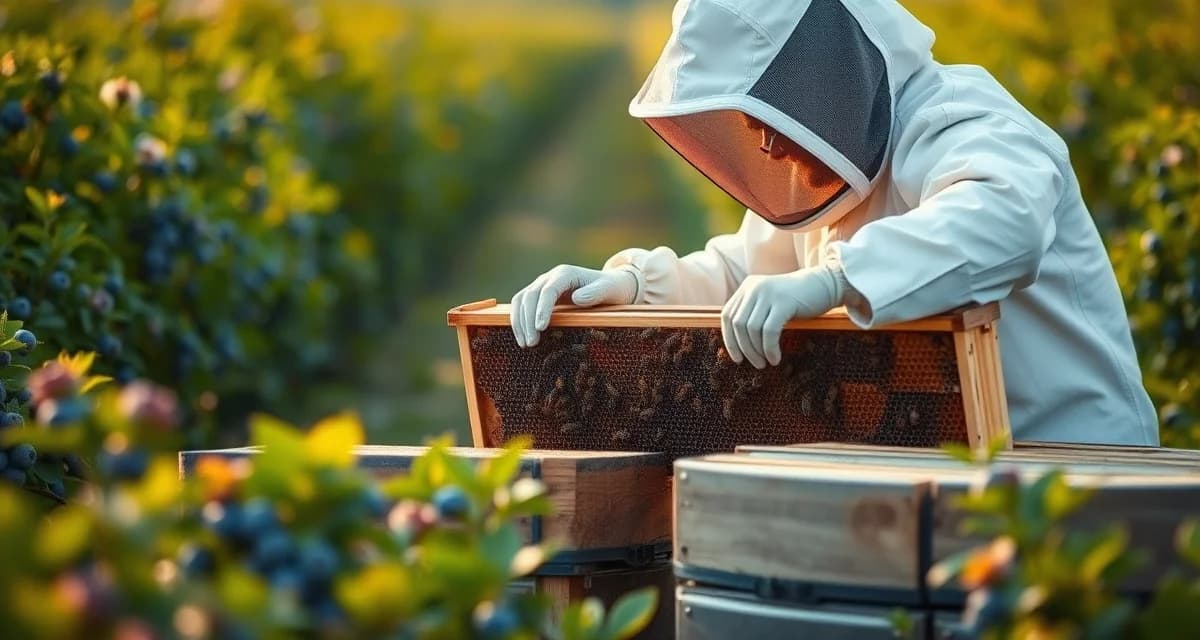 Professional beekeeping for Maine blueberry pollination Beekeeper inspecting honey bee colony for Maine blueberry pollination operations during spring season.