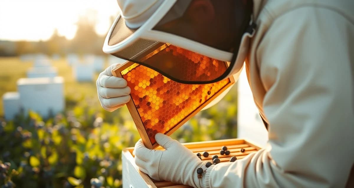 Maine commercial beekeeping compliance for blueberry operations Beekeeper inspecting honeycomb frames with Maine wild blueberry barrens in background during bloom season