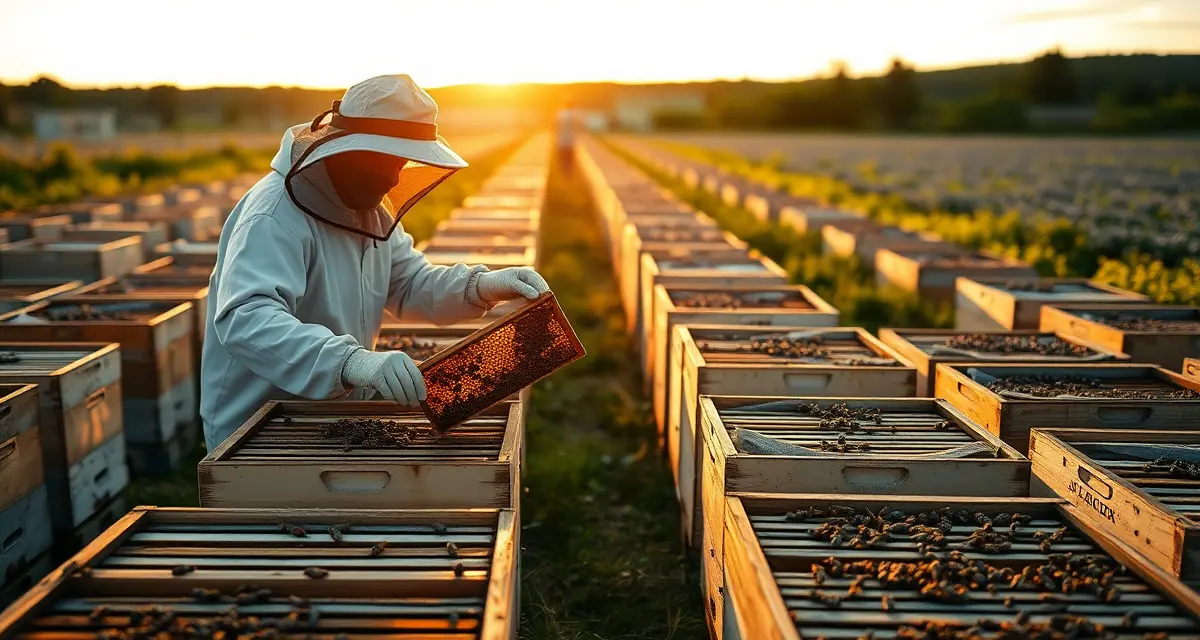 Maine apiary regulations for commercial pollination operations Commercial beekeeping operation showing organized hive boxes during Maine's blueberry pollination season with beekeeper compliance practices