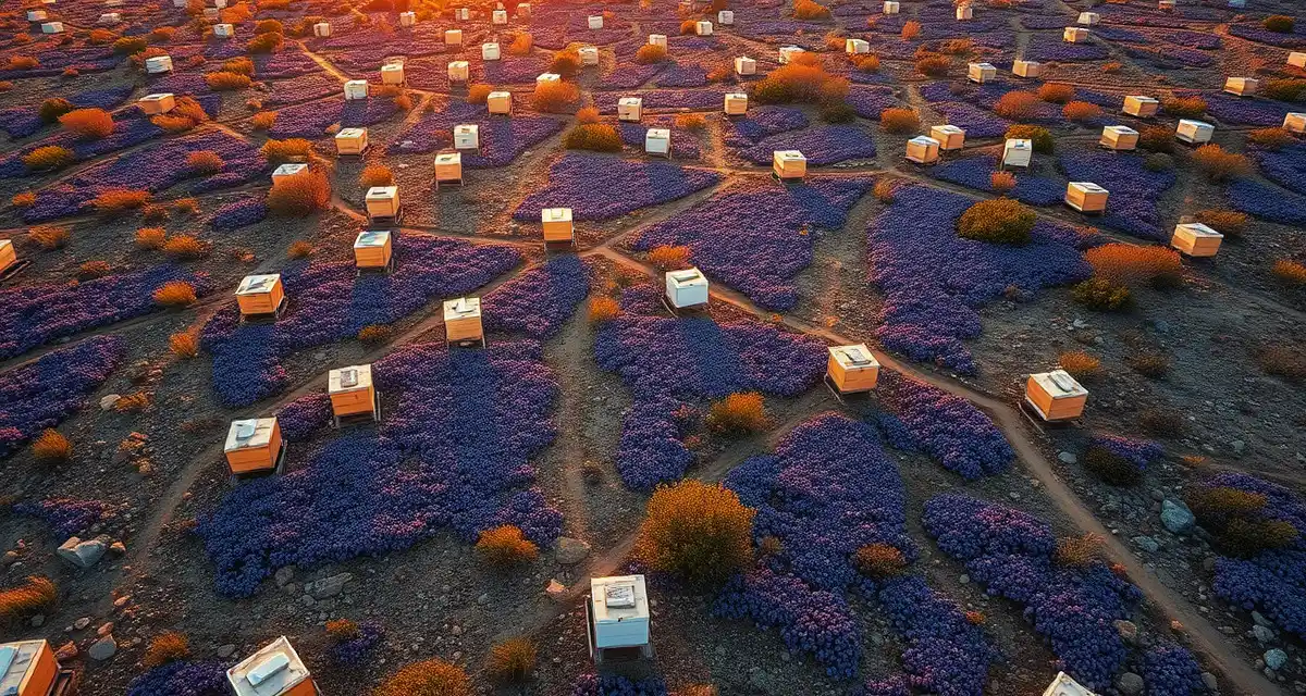 Strategic hive placement for Maine wild blueberry pollination operations Maine wild blueberry barren with commercial bee hives positioned for pollination across rocky terrain and patchy bloom areas