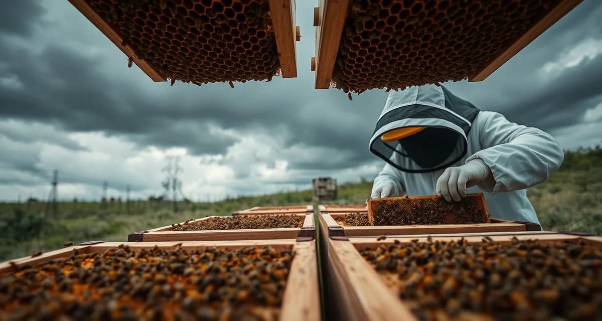 Weather-resilient hive management strategies Beekeeper inspecting honeybee hives during cloudy weather conditions for pollination contract management