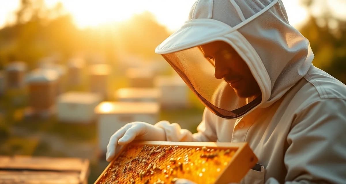 Pollinator protection documentation and compliance Beekeeper examining honeycomb frame as part of managed pollinator protection plan documentation and risk mitigation