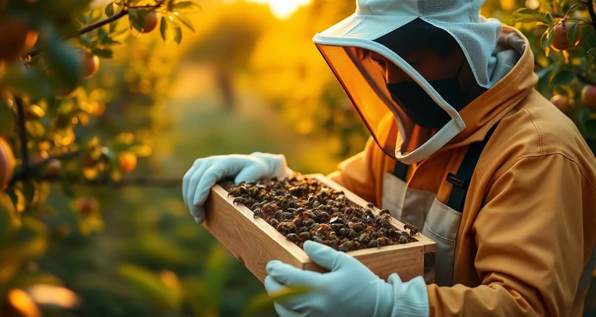 Maryland apiary inspection and commercial pollination Commercial beekeeper inspecting hive frame in Maryland apple orchard for pollination and honey production operations.