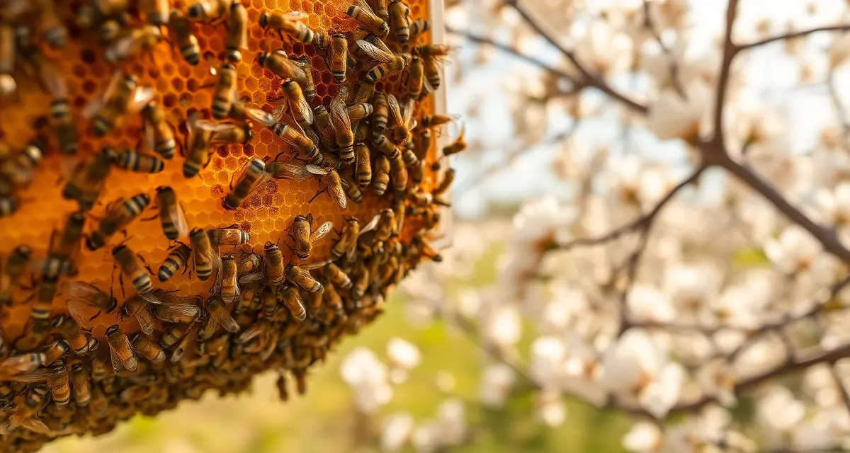 Apple pollination colony strength for Massachusetts commercial beekeeping Commercial honeybee colony frame during spring apple pollination season in Massachusetts Pioneer Valley orchards
