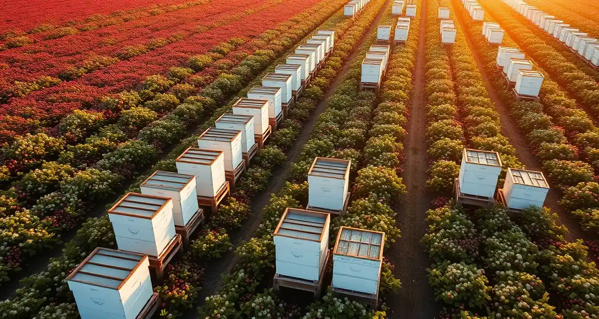 Cranberry pollination logistics in Massachusetts Commercial beehives positioned in Massachusetts cranberry bogs for seasonal pollination operations in Plymouth County