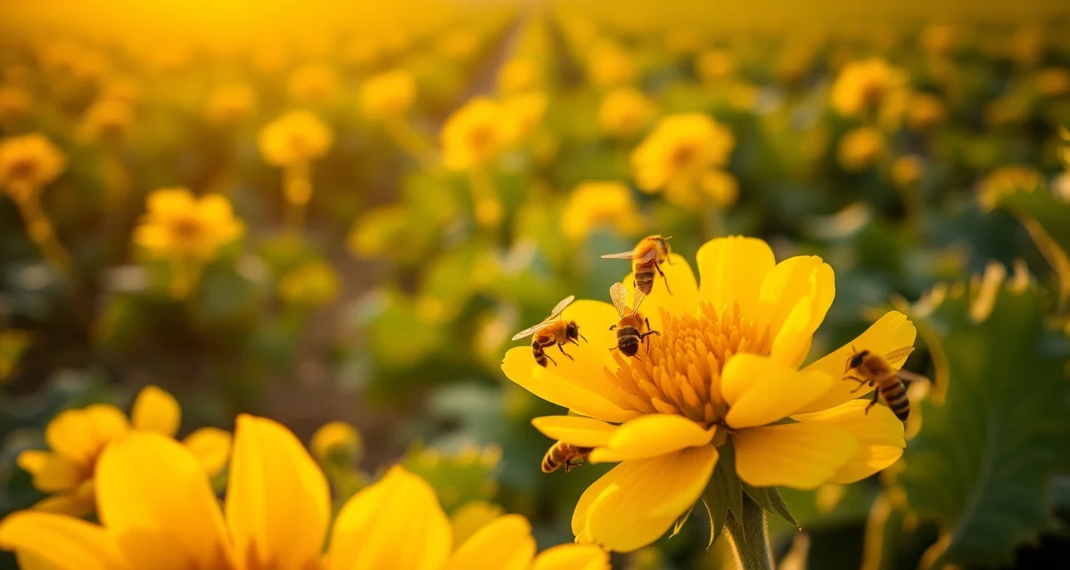 Commercial melon pollination operations Honeybees pollinating melon flowers on commercial agricultural farm with green vines and yellow blossoms visible