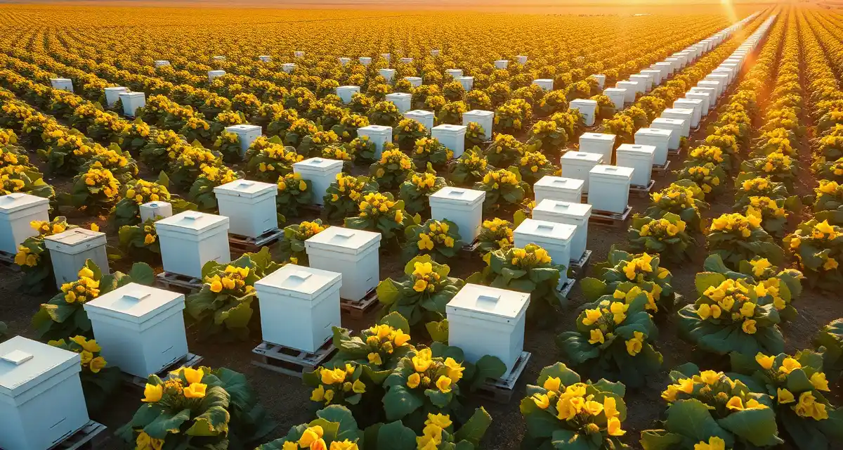 Commercial melon pollination hive logistics Honeybee hives strategically placed in commercial melon field during bloom season for optimal pollination coverage and crop yields.