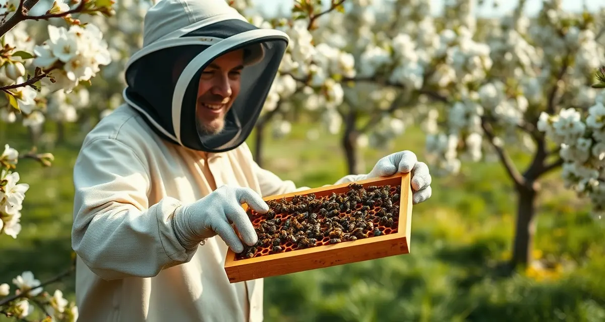 Apple orchard pollination with managed bee colonies Commercial beekeeper inspecting honey bee colony in Michigan apple orchard during spring pollination season with blooming apple trees